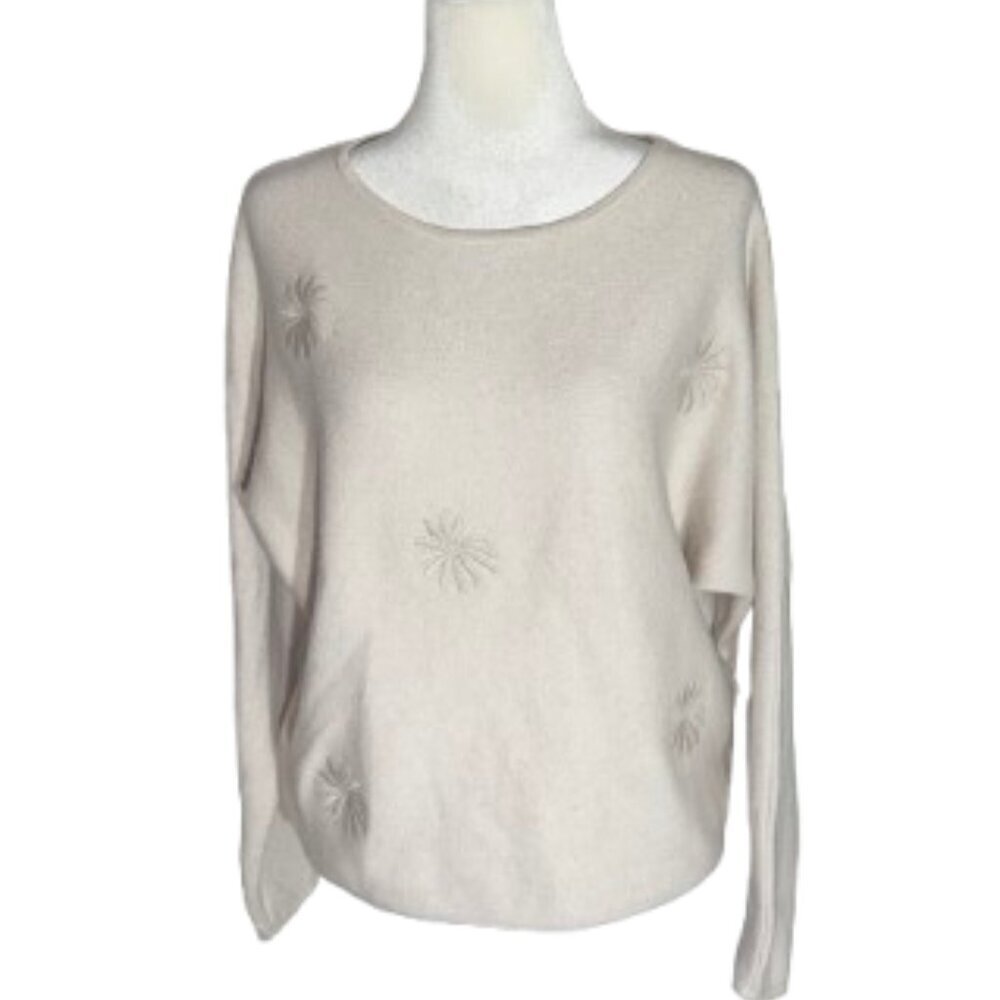 Tahari Off White Long Sleeve Embroidered Snow Blossom Sweater Size Large